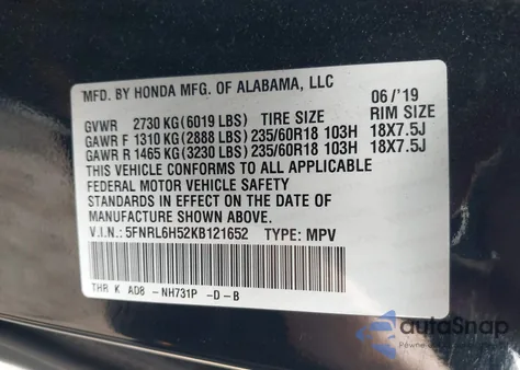 2019 Honda Odyssey Ex from USA, damaged, VIN 5FNRL6H52KB121652